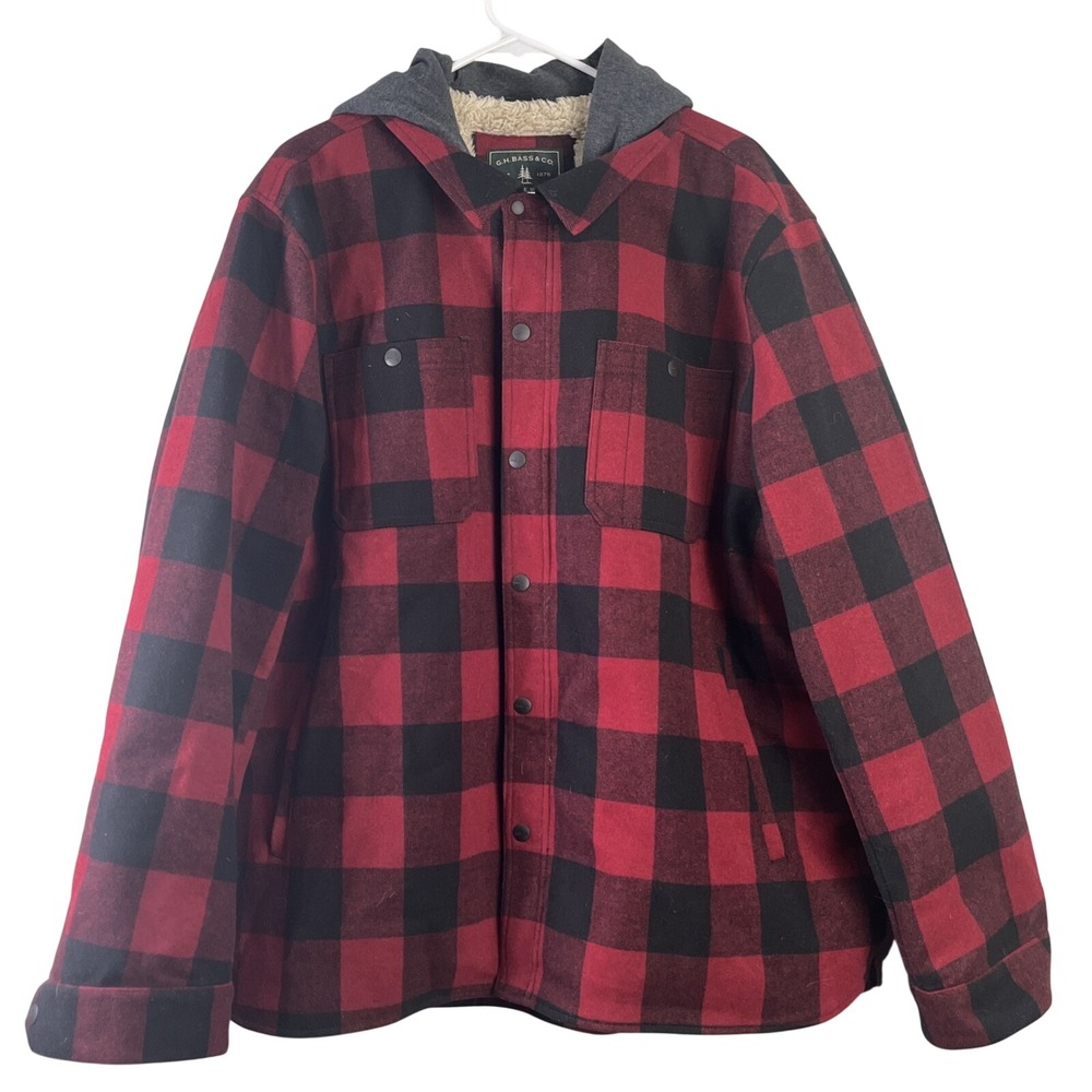 GH Bass Shirt Jacket Mens XXL Red Buffalo Plaid Sherpa Lined Hooded Shacket - Picture 1 of 8